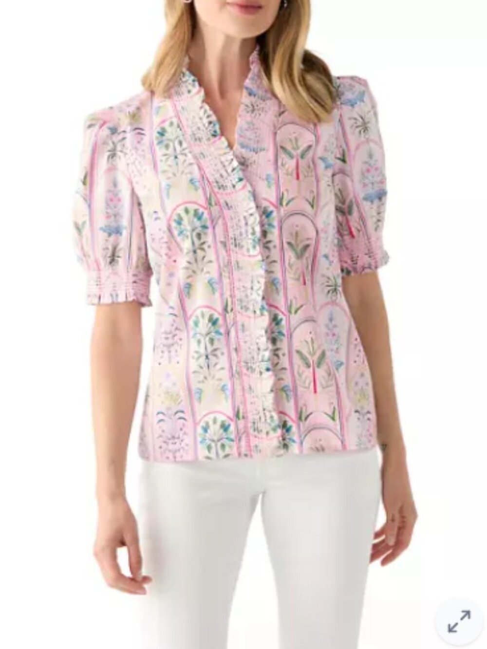 NWT Crown & Ivy Smock Ruffle Neck Printed Blouse Pink Palm Stripe Size Medium M